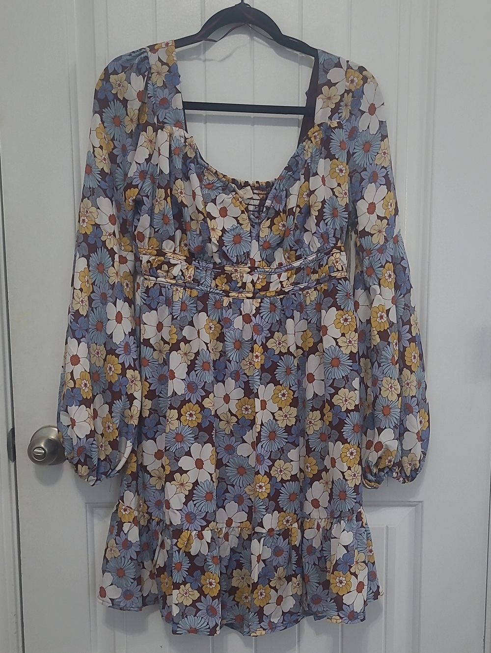 Floral Empire-Waist Long Sleeve Dress - Blue/Yellow